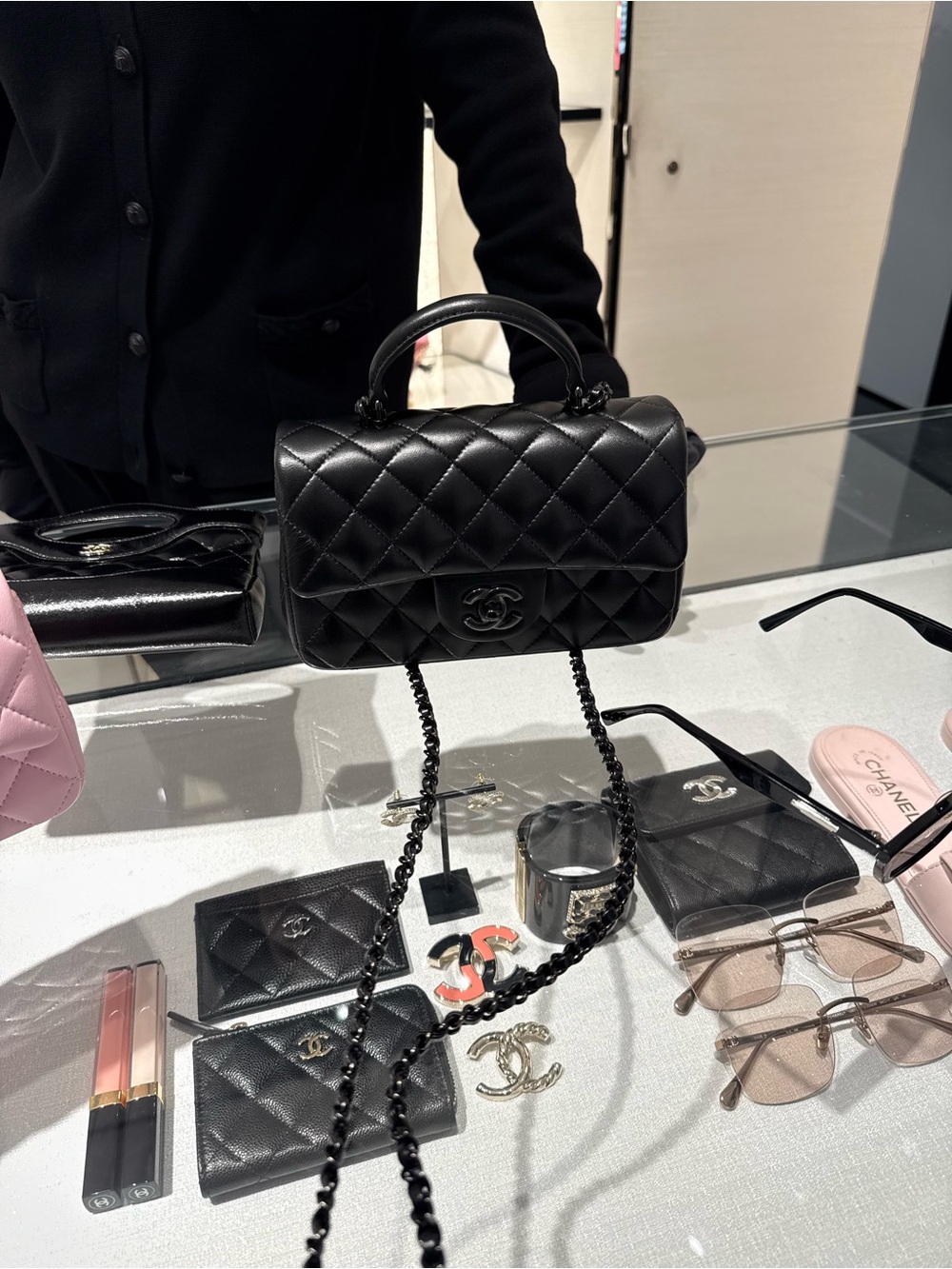 Chanel Lambskin Quilted Mini Top Handle Rectangular Flap So Black